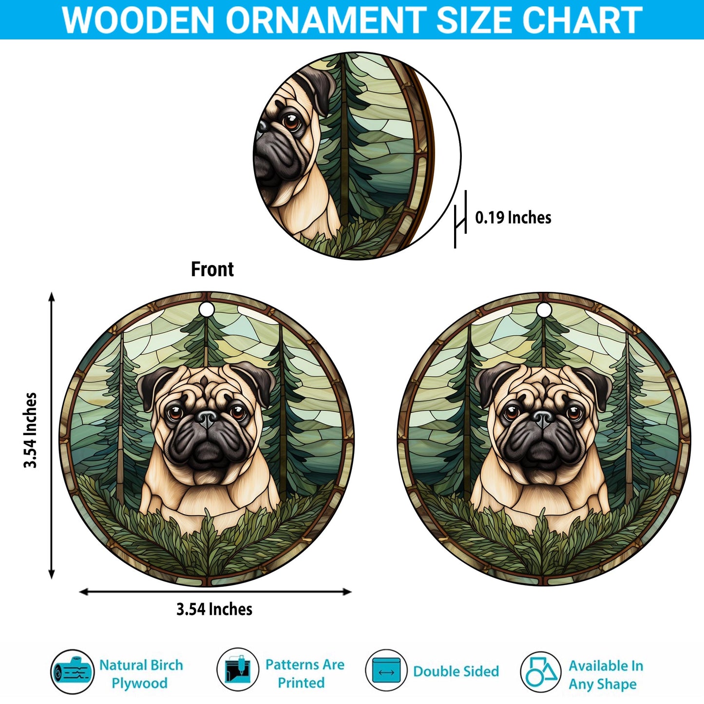 Pug Pug Wooden Ornaments 2 Sides, Pug Ornaments For Christmas Tree, Christmas Tree Hanging, Christmas Decorations EPHG-52483