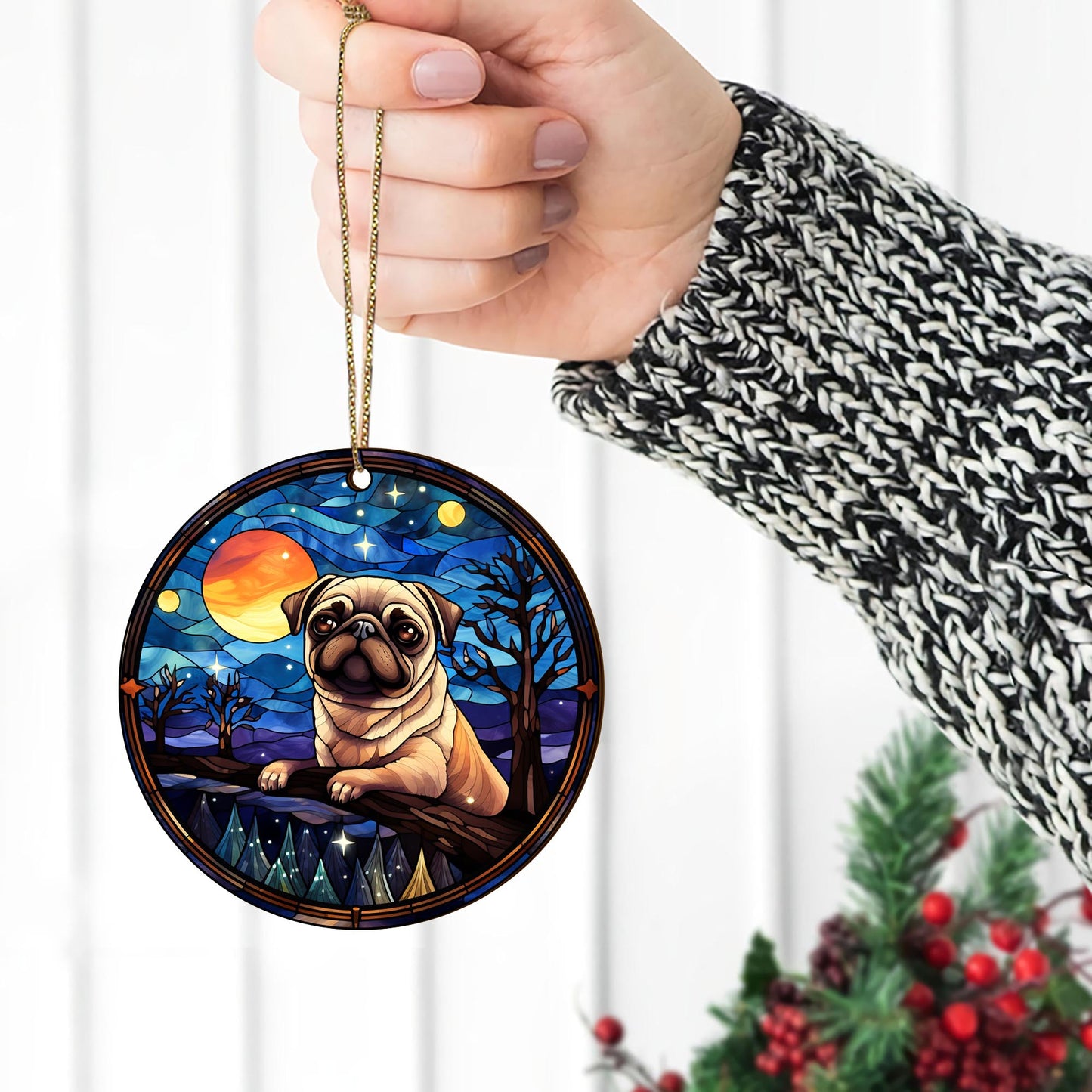 Pug Pug Wooden Ornaments 2 Sides, Pug Ornaments For Christmas Tree, Christmas Tree Hanging, Christmas Decorations EPHG-52483