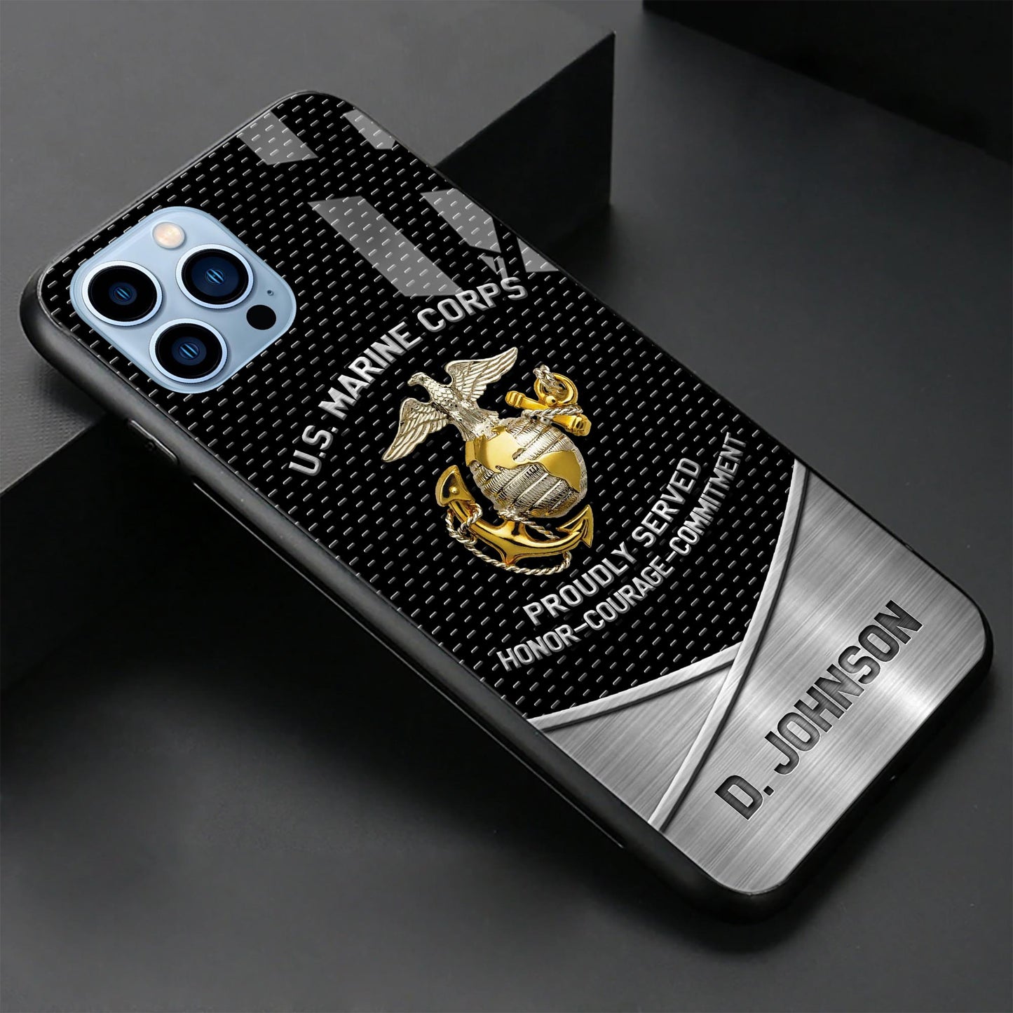 US Marine Corps Veteran Military Phone Case Custom Name, US Military Glass Phone Case, Gifts For Father day ETRG-37890