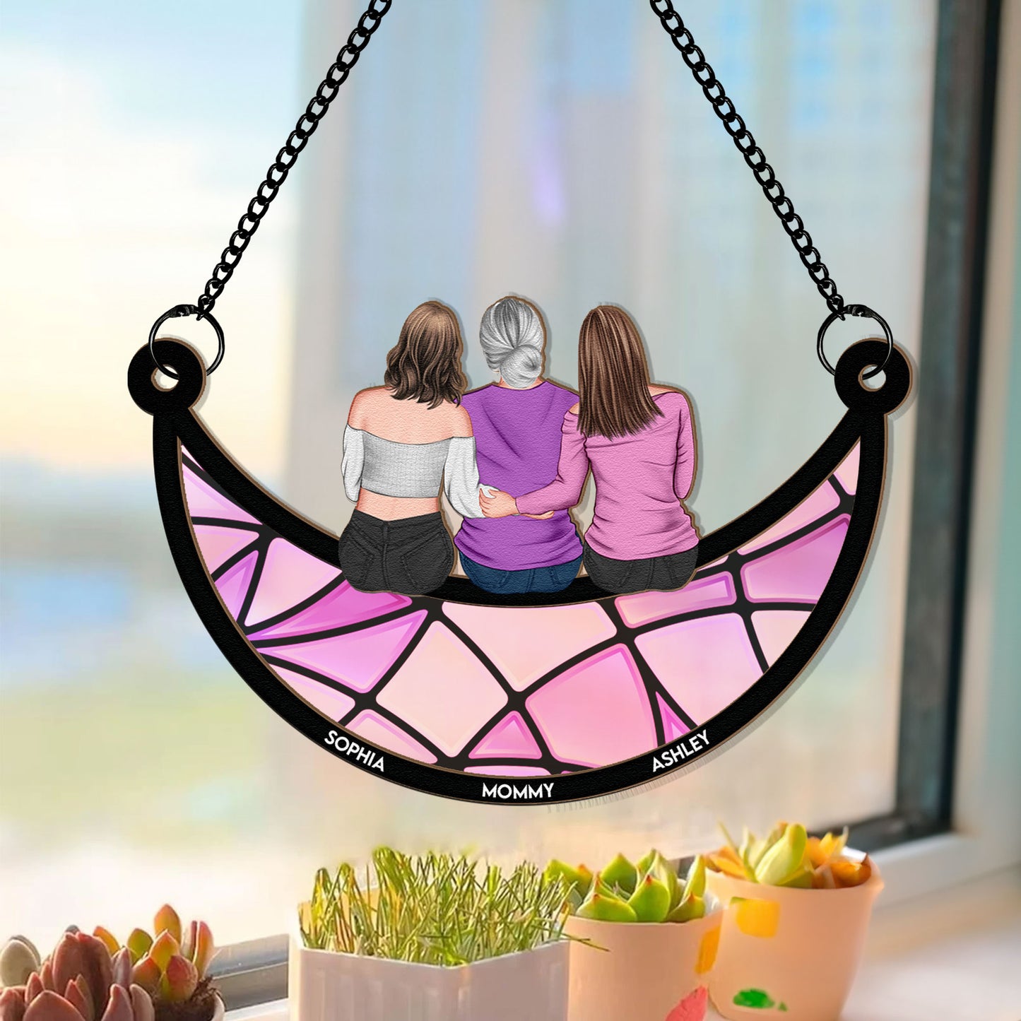 Mother Daughter On Moon Suncatcher, Personalized Window Hanging From Daughter, Custom Mum & Daughter, Mother's Day Gift for Mom, Grandma