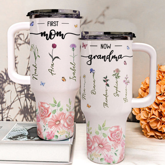 Personalized Birth Month Flowers, 40oz Tumbler With Straw, Mothers Day Gifts, Birthday Gifts For Mom, Nana, Mimi, Custom Kids Names