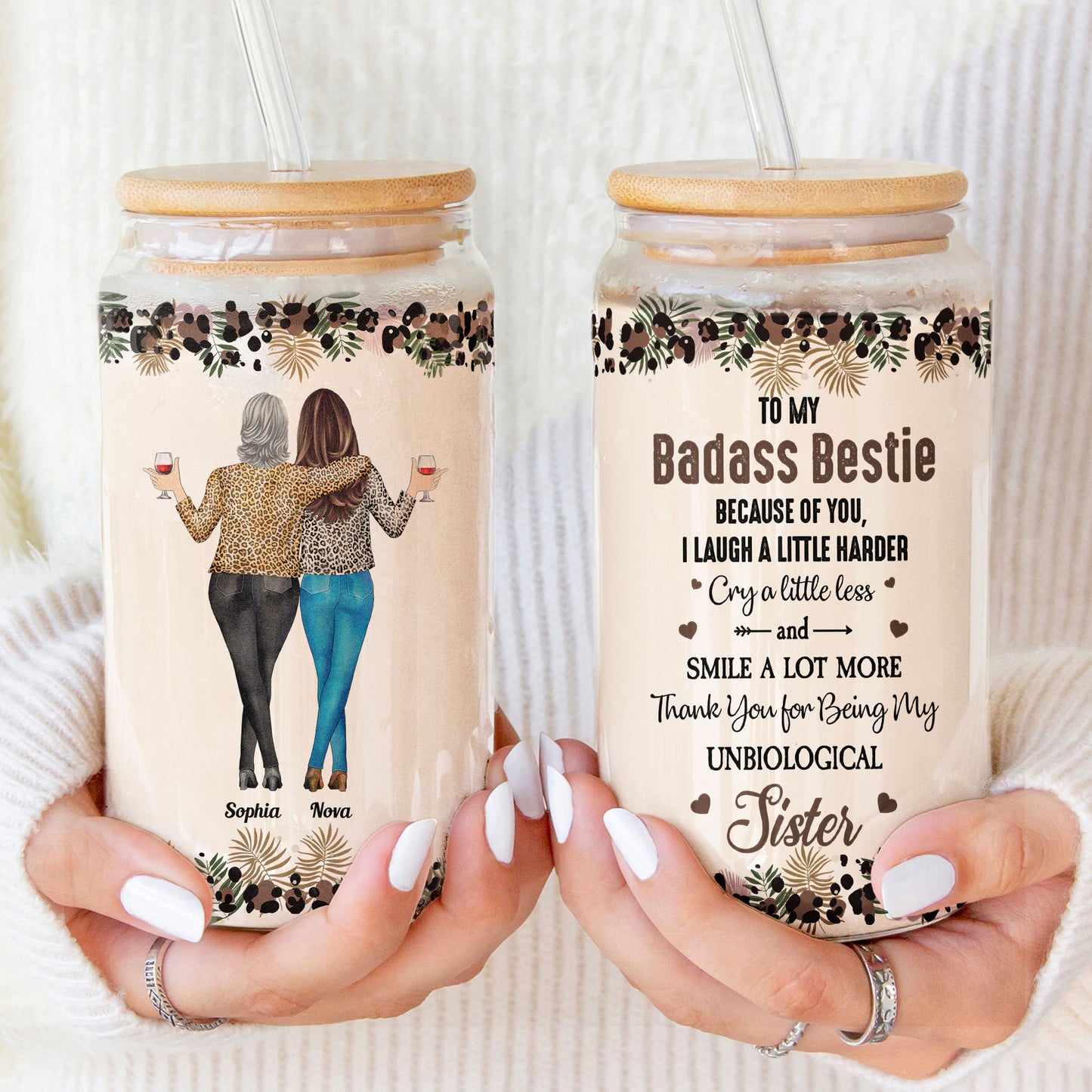 Funny Bestie Glass Coffee Cups with Lid & Straw, Personalized Glass Mugs Birthday Gift for Her, Best Friend Sister, Custom Friendship Gift