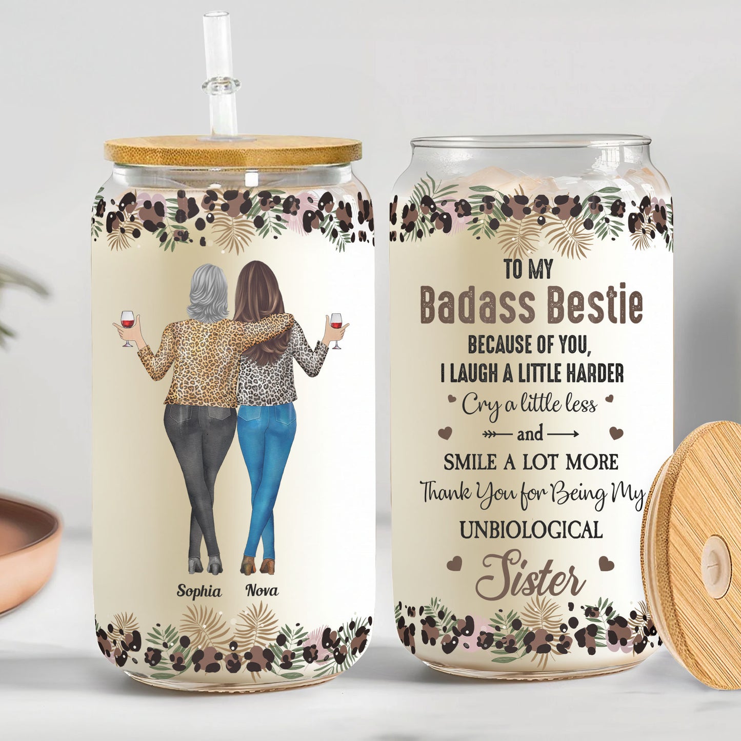 Funny Bestie Glass Coffee Cups with Lid & Straw, Personalized Glass Mugs Birthday Gift for Her, Best Friend Sister, Custom Friendship Gift