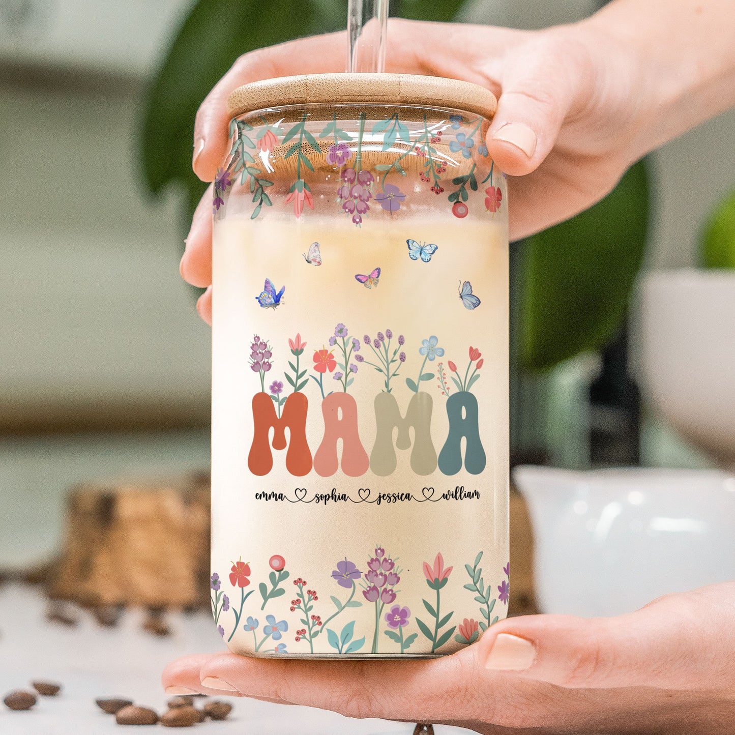 Floral Mama Grandma Mimi Gigi With Kids Names, Personalized Glass Coffee Cups for Mothers Day Gifts For Grandma, Birthday Gifts For Mom