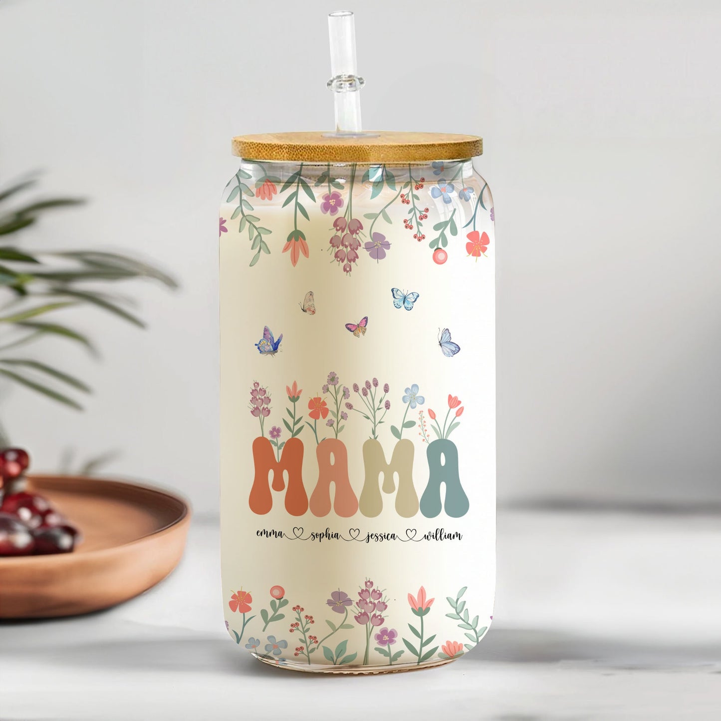 Floral Mama Grandma Mimi Gigi With Kids Names, Personalized Glass Coffee Cups for Mothers Day Gifts For Grandma, Birthday Gifts For Mom