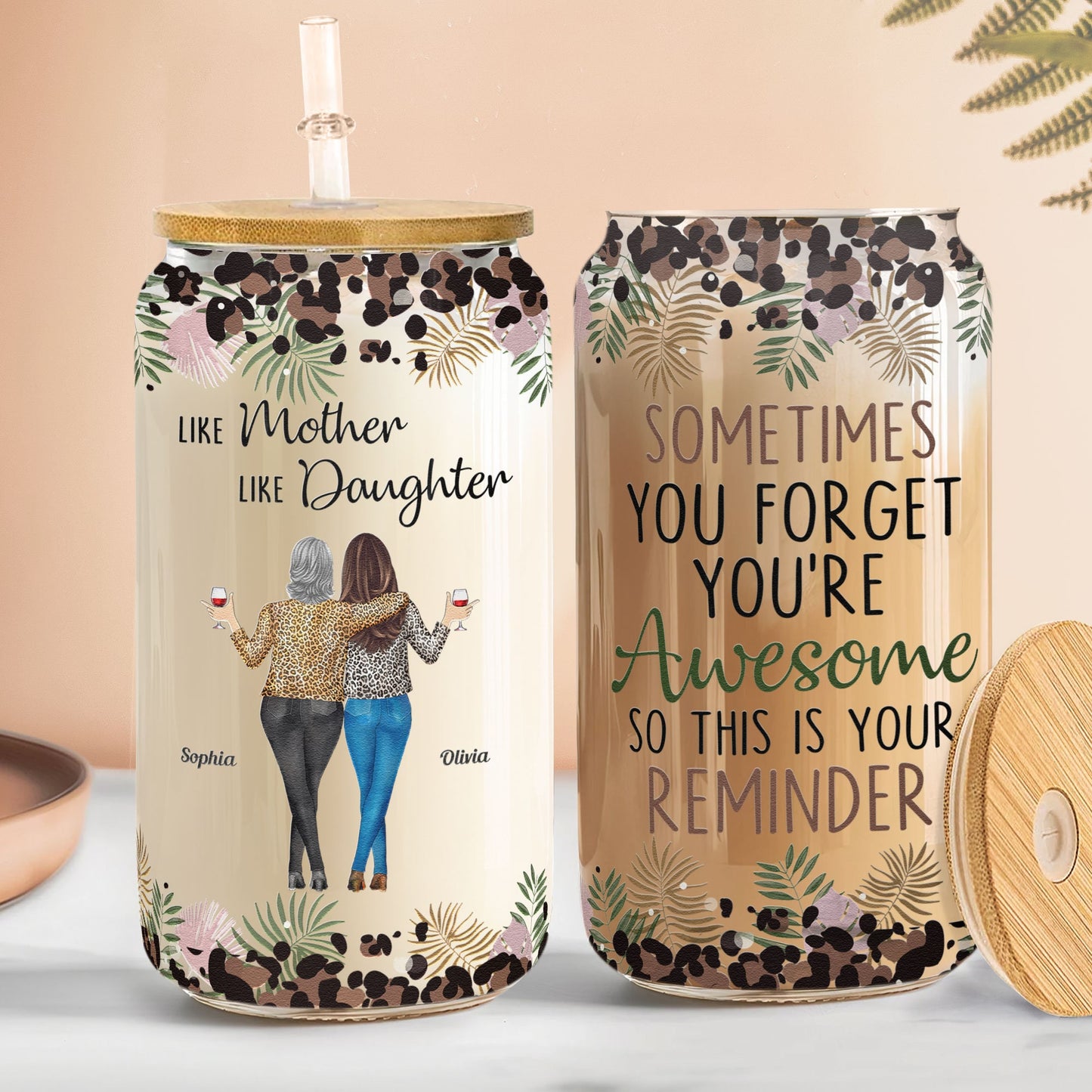 Like Mother Daughter Coffee Cups with Lid & Straw, Personalized Glass Can From Daughter, Custom Mum and Daughter Gift, Mother's Day Gift